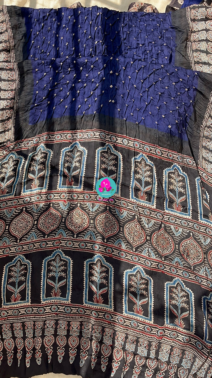 Hand made Bandhani design on pure modal silk fabric and ajrakh block print (using vegetable dyes)
