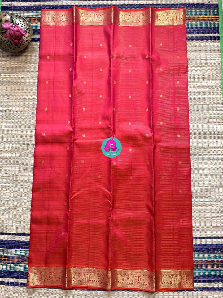 Dual Tone of Pink-Orange Vaira Oosi Kanchipattu Pure Silk Handloom Saree