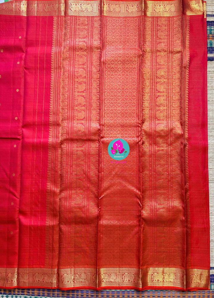 Dual Tone of Pink-Orange Vaira Oosi Kanchipattu Pure Silk Handloom Saree