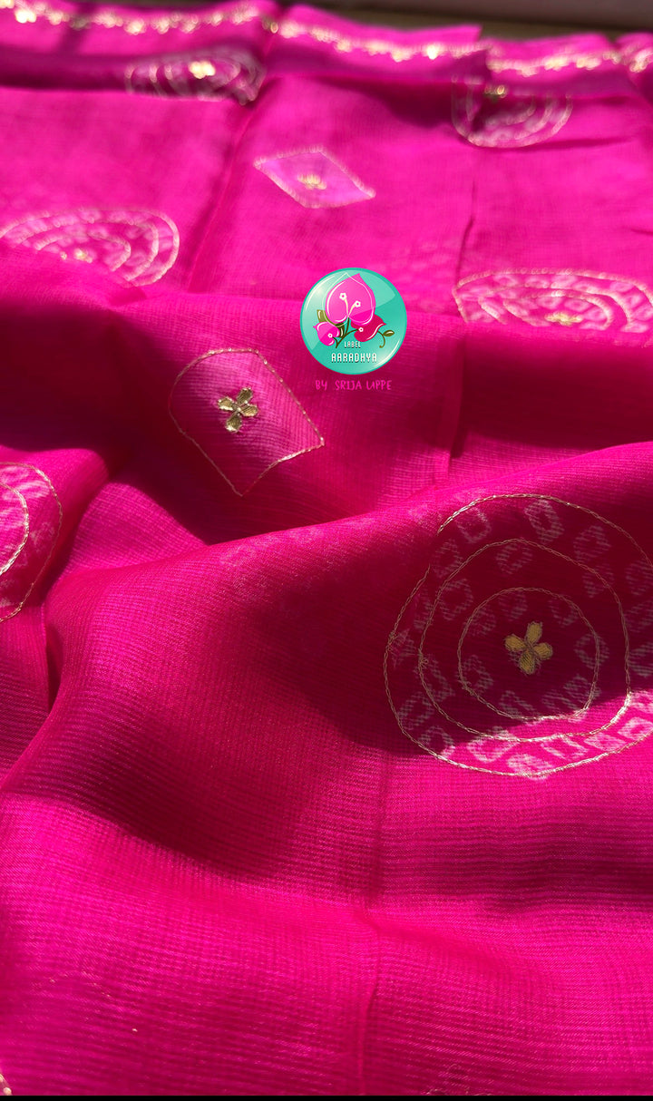 Vibrant Rajasthani Splendor: Bright Pink Bandhani Kota Silk & Emerald Tissue Mirror Blouse