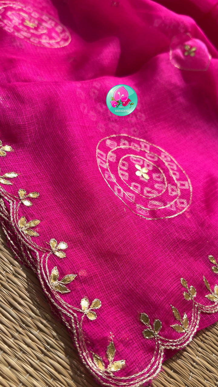 Vibrant Rajasthani Splendor: Bright Pink Bandhani Kota Silk & Emerald Tissue Mirror Blouse