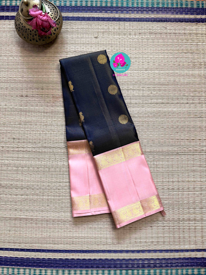 Ocean Whispers & Rose Blush: Kanjivaram Vaira Oosi Saree in Navy Blue and Baby Pink