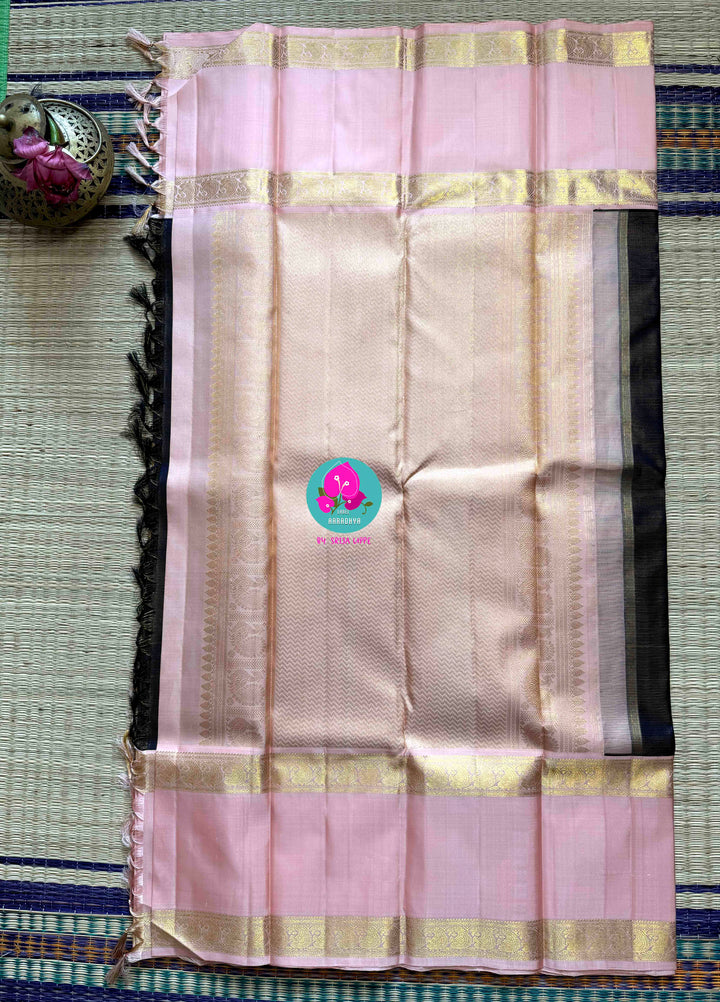 Ocean Whispers & Rose Blush: Kanjivaram Vaira Oosi Saree in Navy Blue and Baby Pink