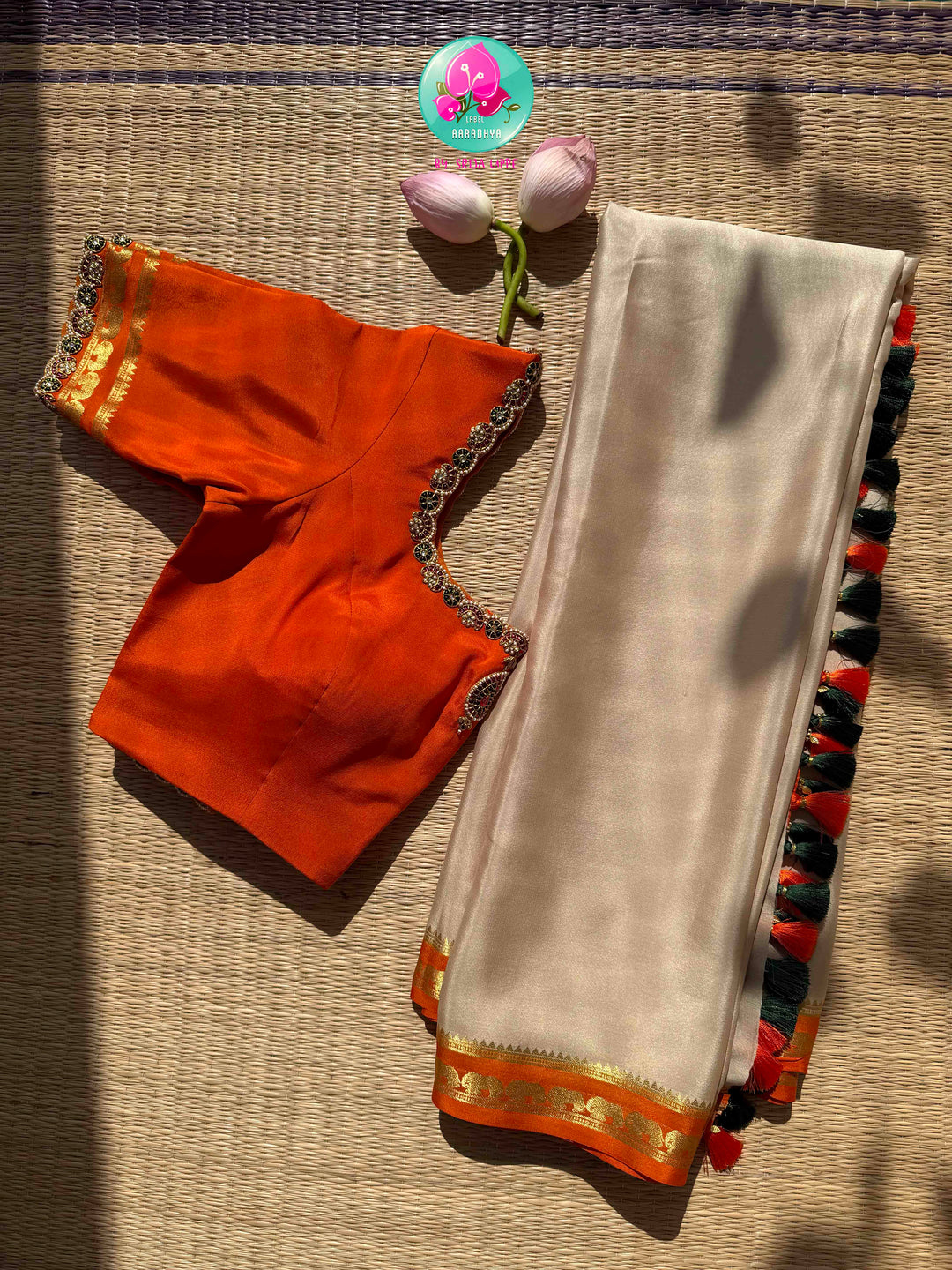 Subtle Sophistication: Squirrel Grey 120gsm Pure Mysore Silk & Kundan-Embroidered Orange Blouse