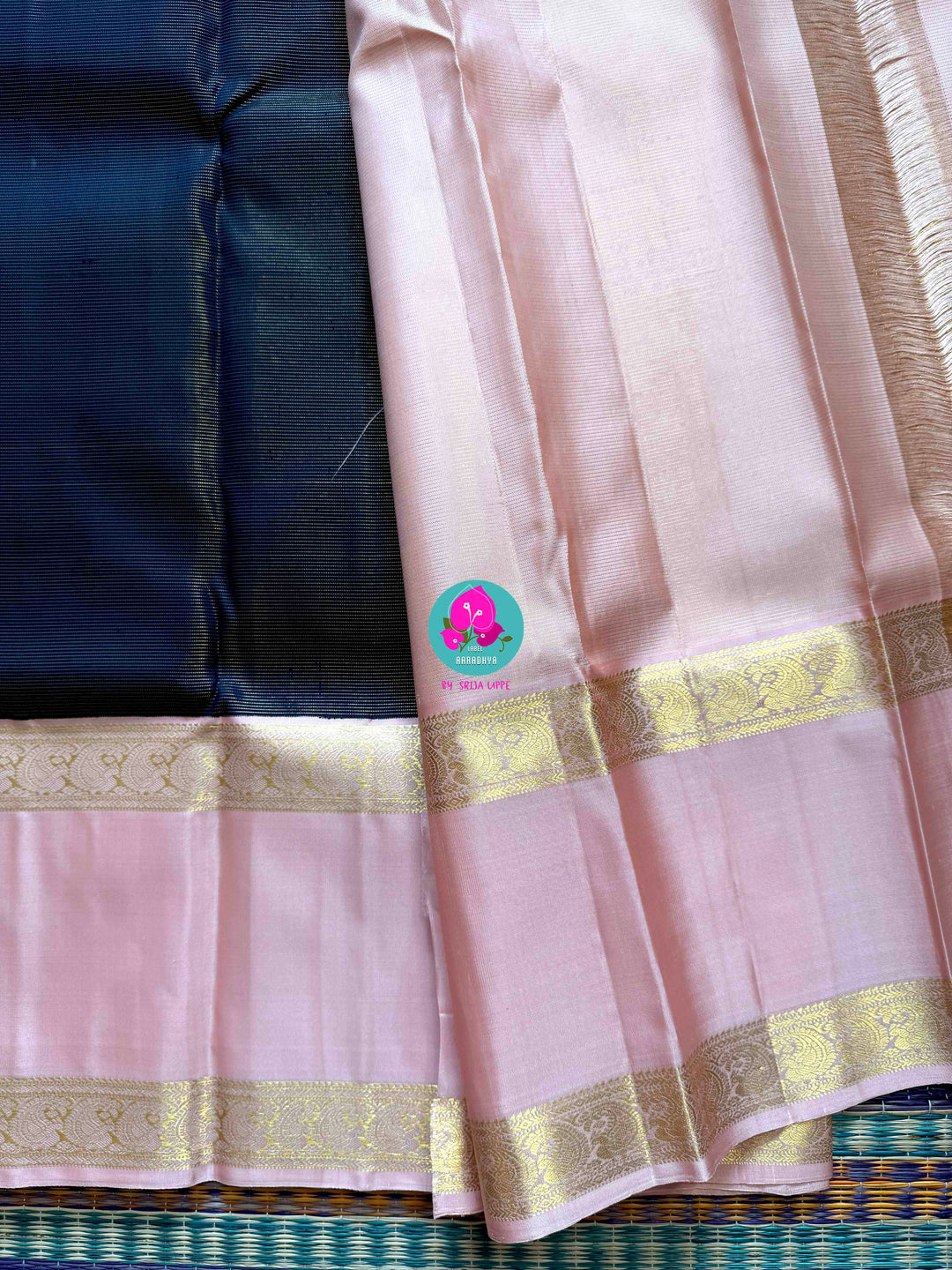 Ocean Whispers & Rose Blush: Kanjivaram Vaira Oosi Saree in Navy Blue and Baby Pink