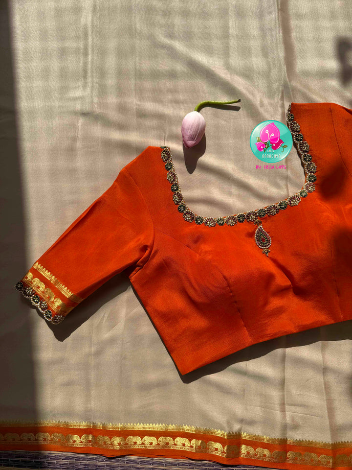 Subtle Sophistication: Squirrel Grey 120gsm Pure Mysore Silk & Kundan-Embroidered Orange Blouse