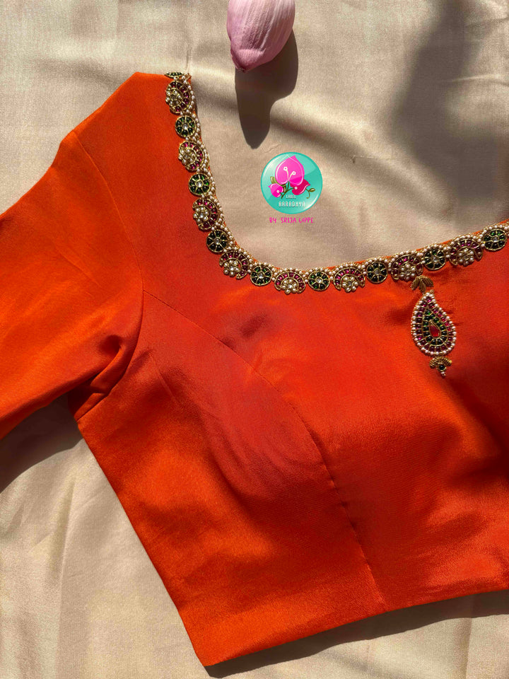 Subtle Sophistication: Squirrel Grey 120gsm Pure Mysore Silk & Kundan-Embroidered Orange Blouse