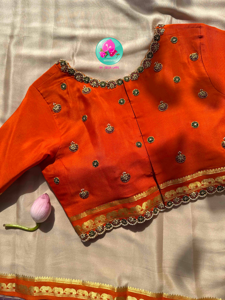 Subtle Sophistication: Squirrel Grey 120gsm Pure Mysore Silk & Kundan-Embroidered Orange Blouse
