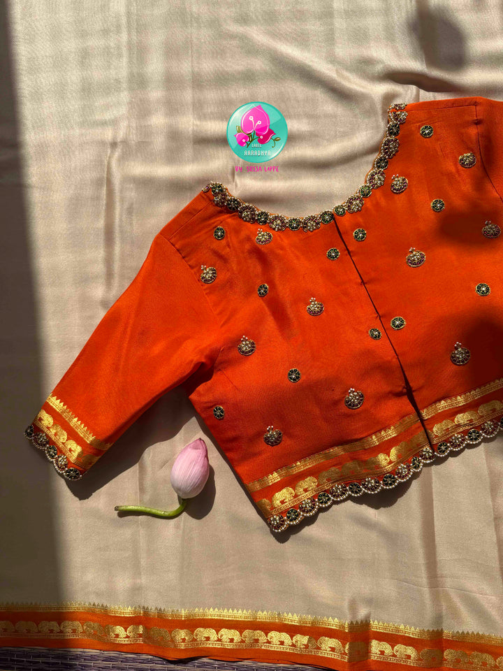 Subtle Sophistication: Squirrel Grey 120gsm Pure Mysore Silk & Kundan-Embroidered Orange Blouse