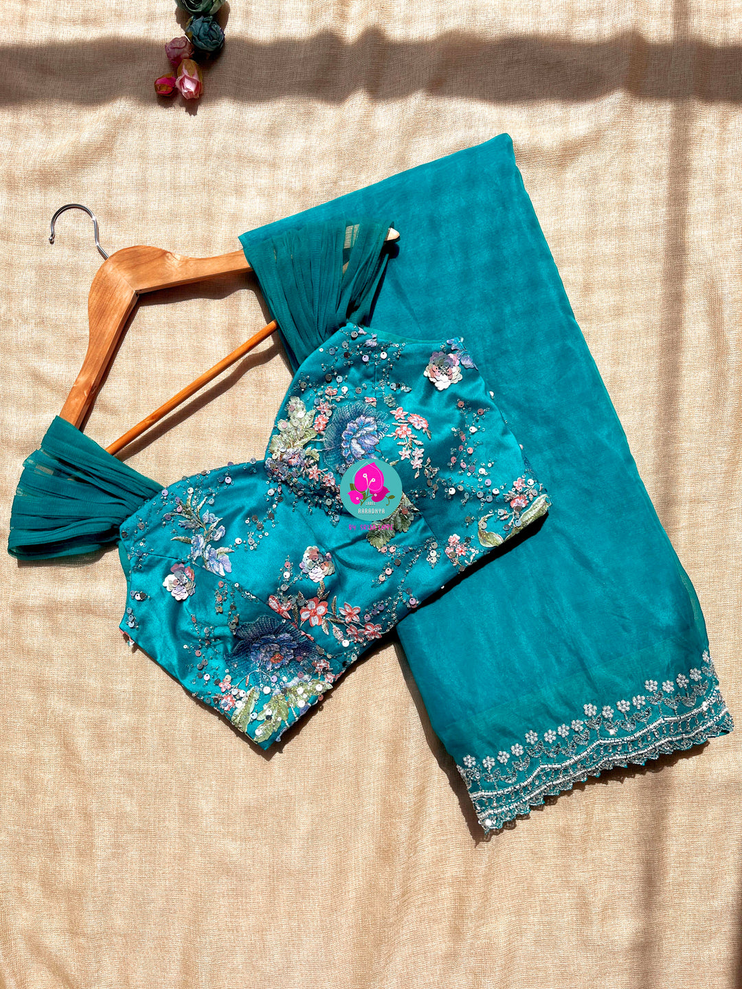 Peacock Green Shaded Hand-Embroidered Organza Saree with Sequined Cap Sleeve Blouse