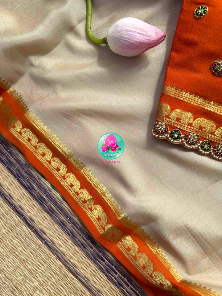 Subtle Sophistication: Squirrel Grey 120gsm Pure Mysore Silk & Kundan-Embroidered Orange Blouse