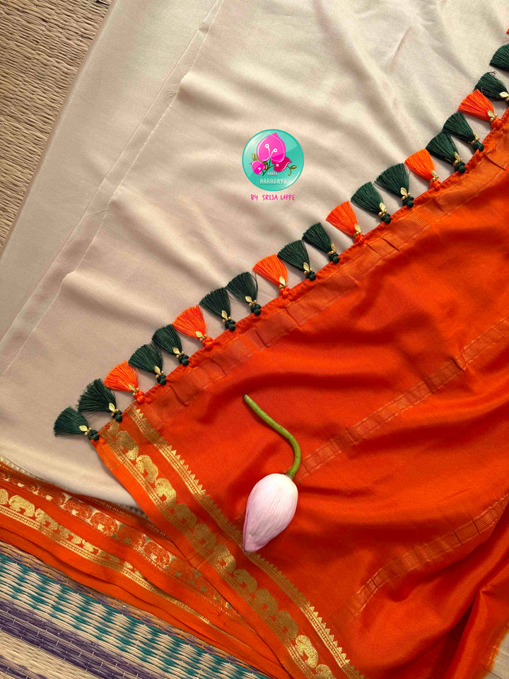 Subtle Sophistication: Squirrel Grey 120gsm Pure Mysore Silk & Kundan-Embroidered Orange Blouse