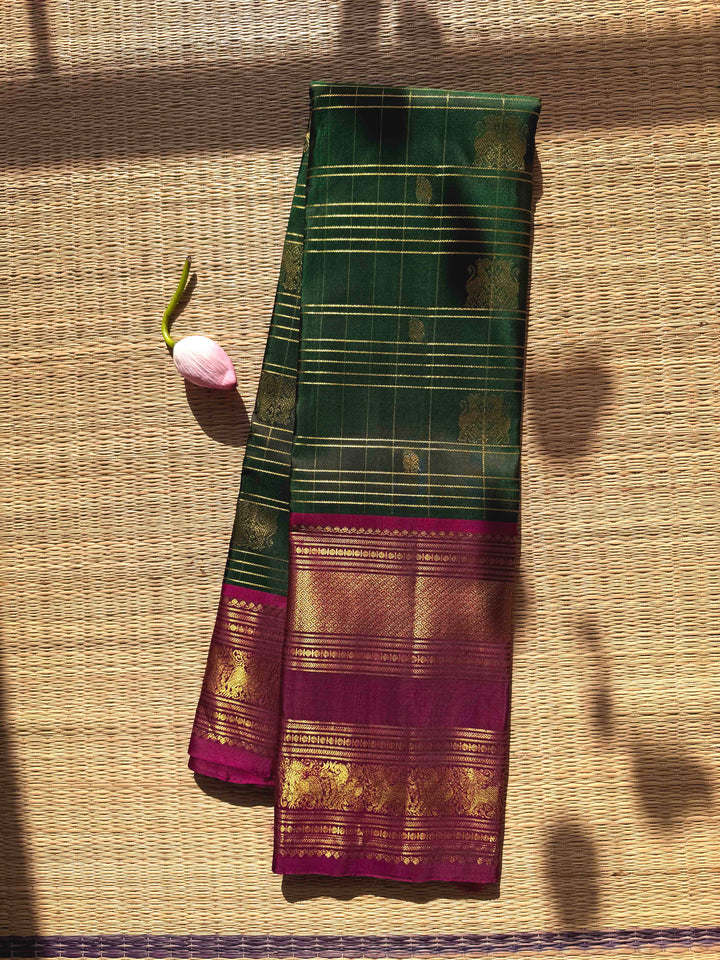 Imperial Forest & Magenta: Bottle Green Checkered Pure Kanchipattu Silk Saree