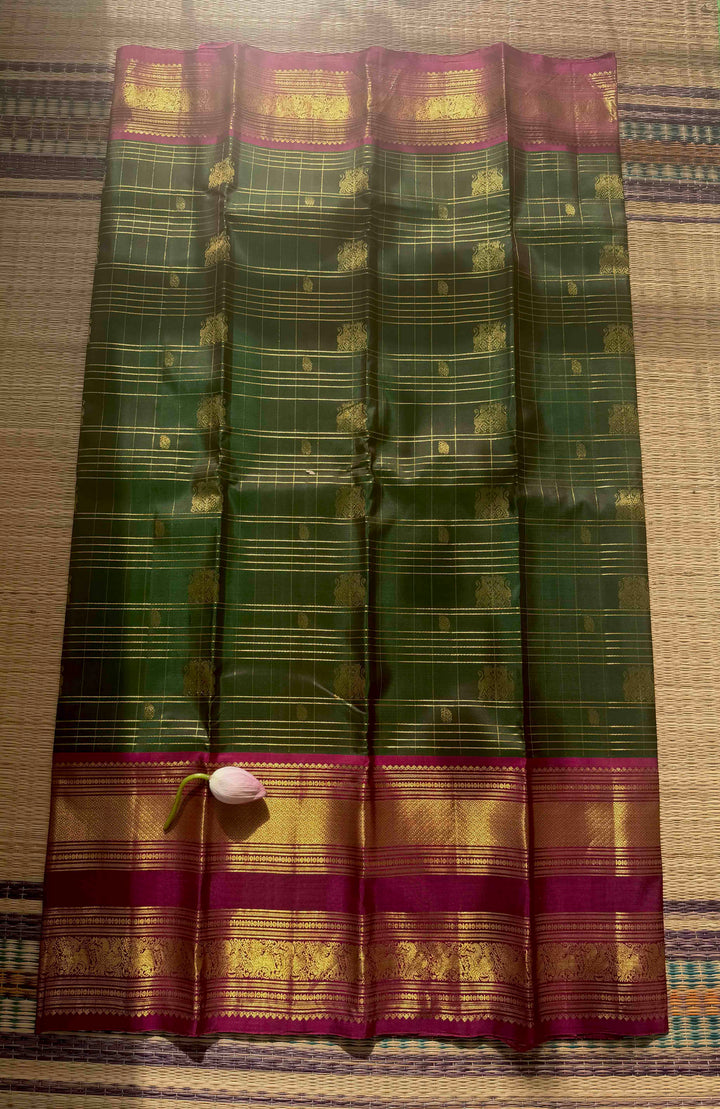 Imperial Forest & Magenta: Bottle Green Checkered Pure Kanchipattu Silk Saree