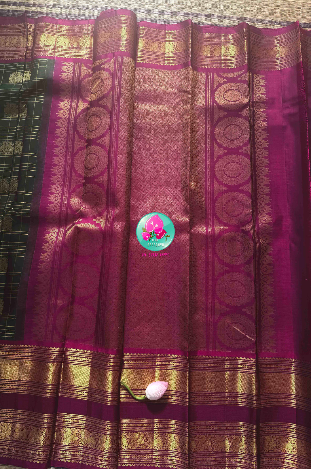 Imperial Forest & Magenta: Bottle Green Checkered Pure Kanchipattu Silk Saree