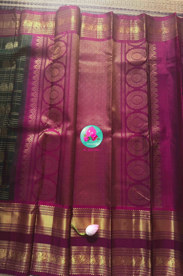 Imperial Forest & Magenta: Bottle Green Checkered Pure Kanchipattu Silk Saree