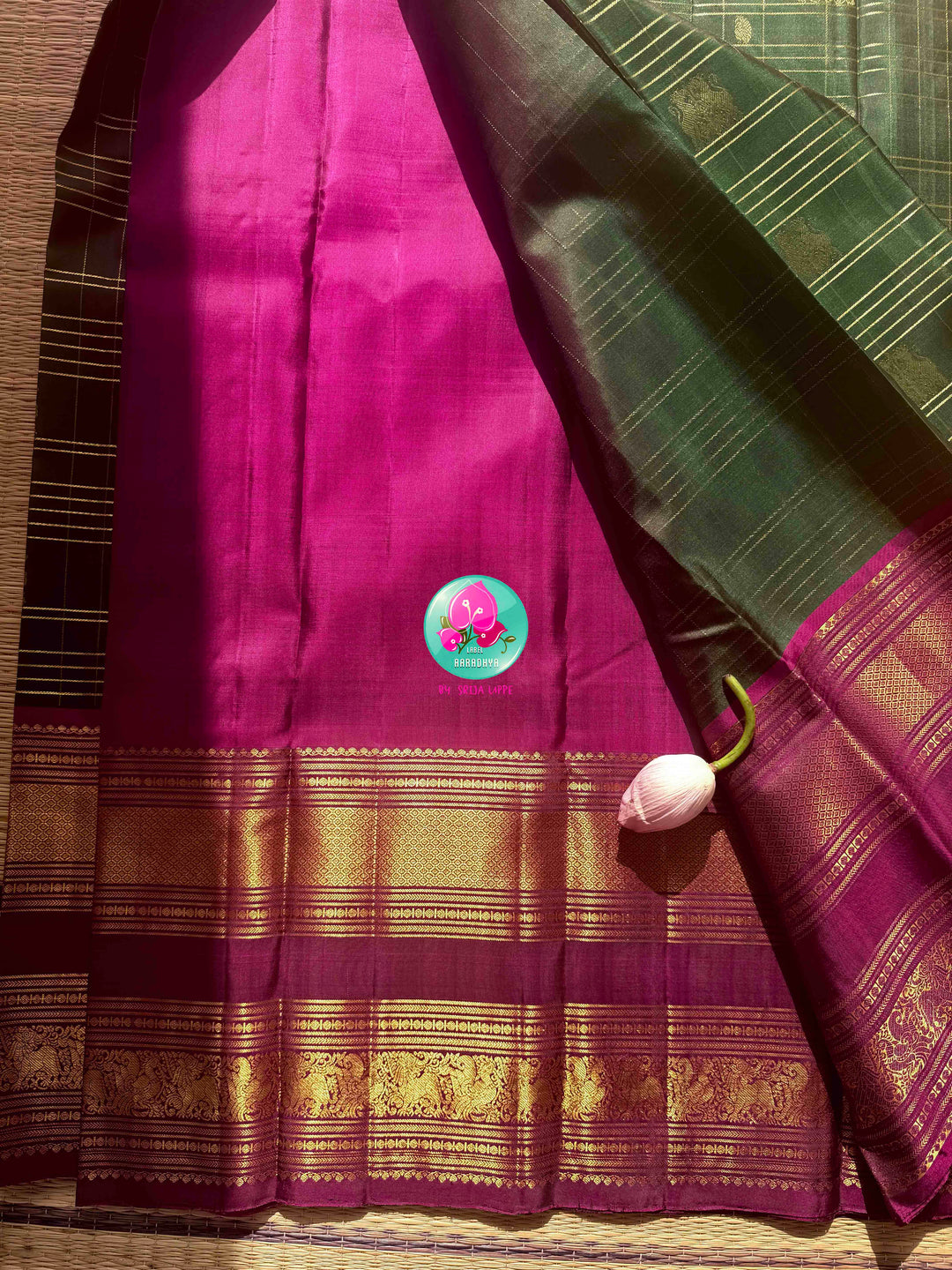 Imperial Forest & Magenta: Bottle Green Checkered Pure Kanchipattu Silk Saree