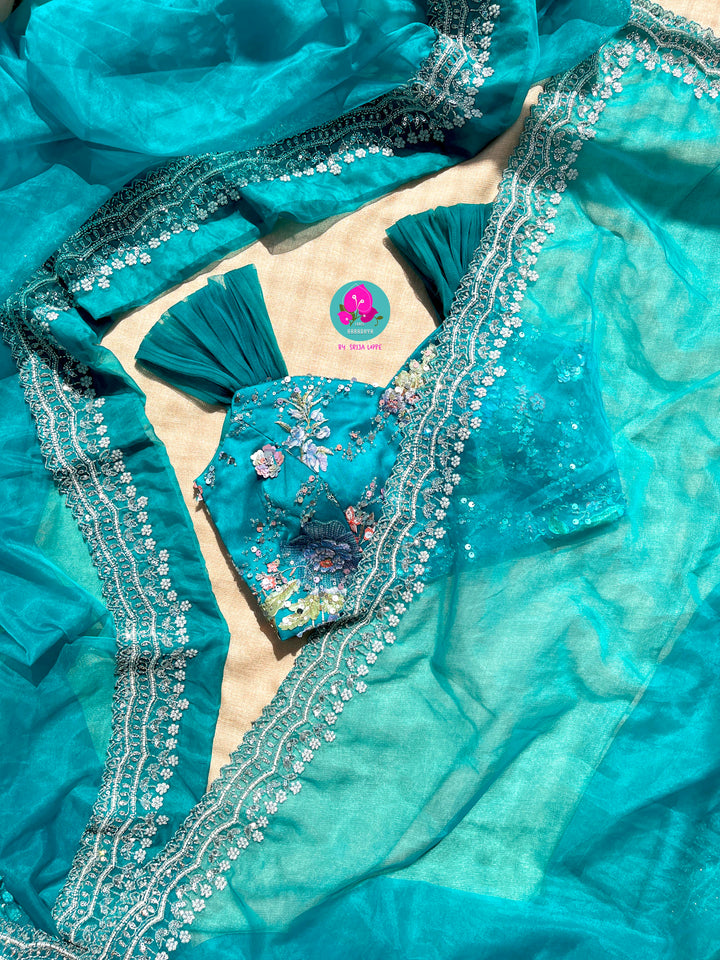 Peacock Green Shaded Hand-Embroidered Organza Saree with Sequined Cap Sleeve Blouse