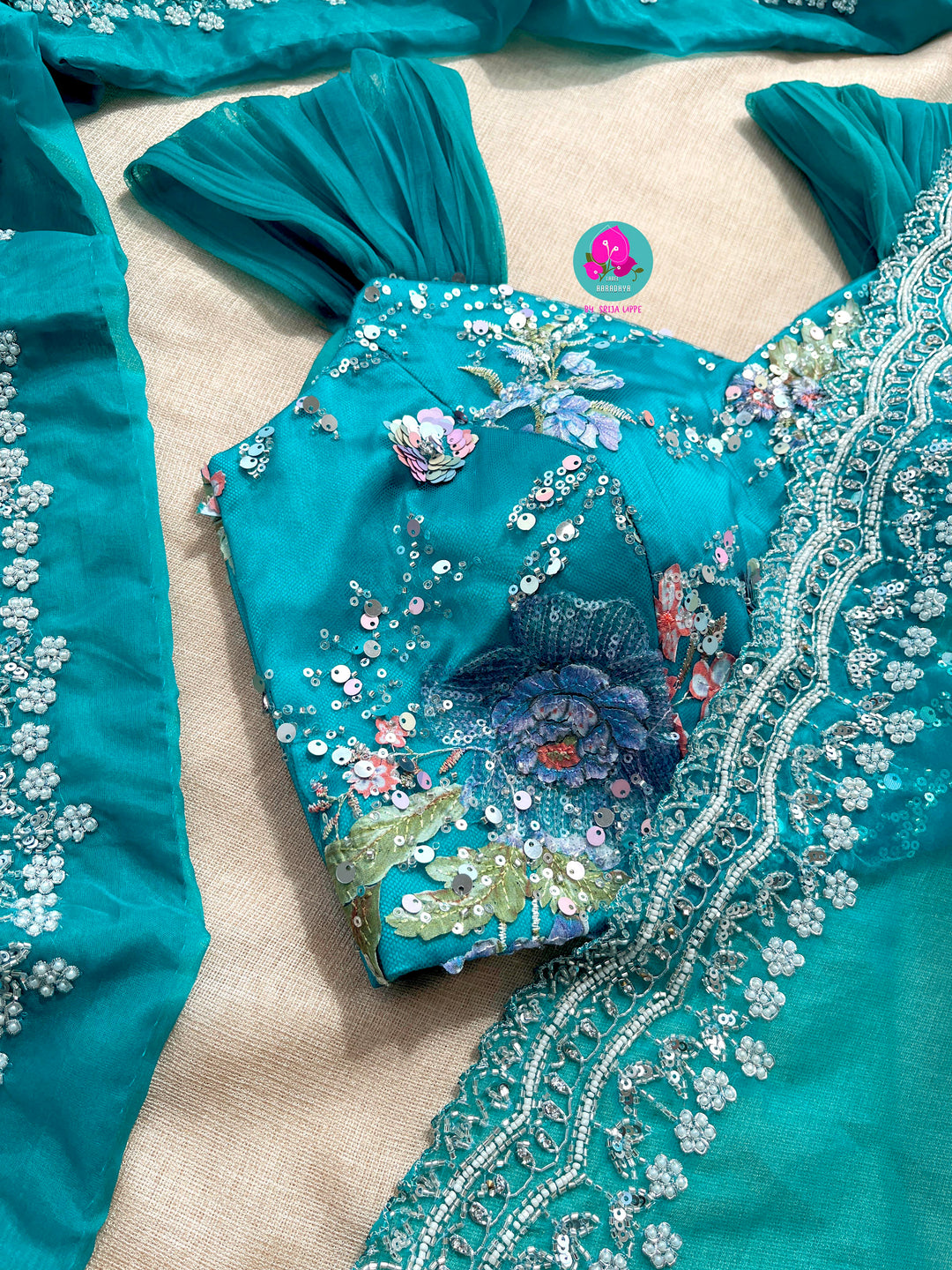Peacock Green Shaded Hand-Embroidered Organza Saree with Sequined Cap Sleeve Blouse