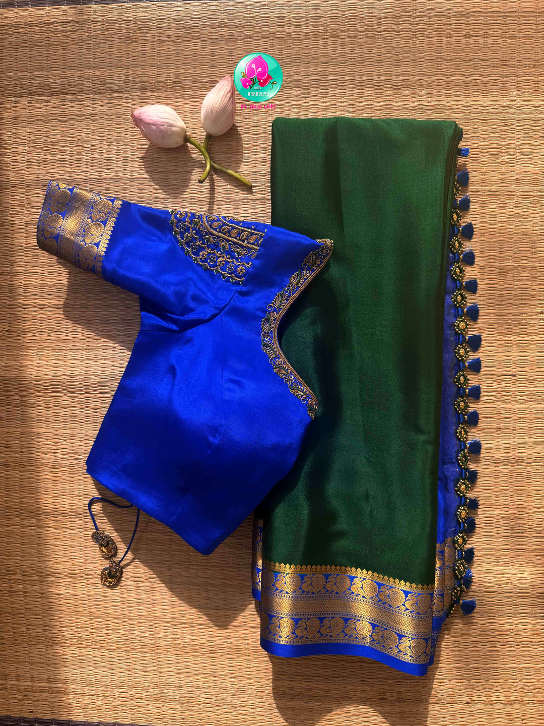 Regal Peacock Harmony: Deep Bottle Green & Royal Blue Pure Mysore Silk Fusion Saree