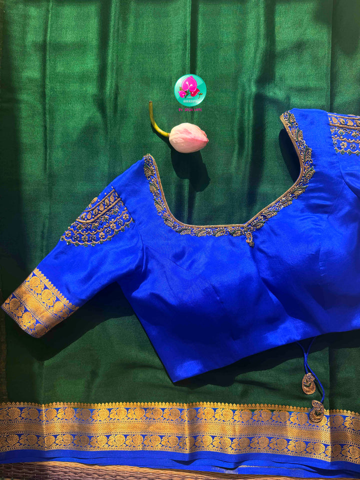 Regal Peacock Harmony: Deep Bottle Green & Royal Blue Pure Mysore Silk Fusion Saree