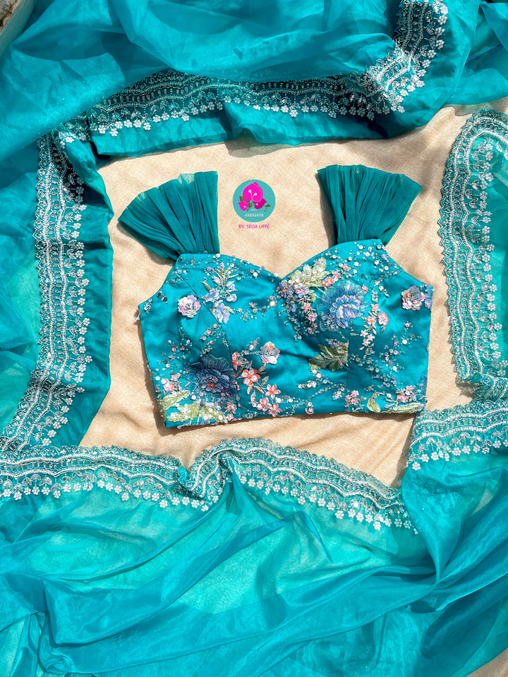 Peacock Green Shaded Hand-Embroidered Organza Saree with Sequined Cap Sleeve Blouse
