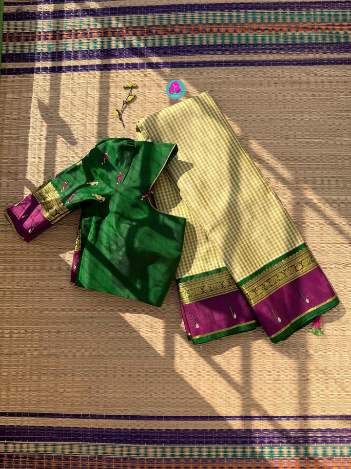 Forest Weaver's Dream: Checkered Kanjivaram with Paithani & Avian Art Blouse