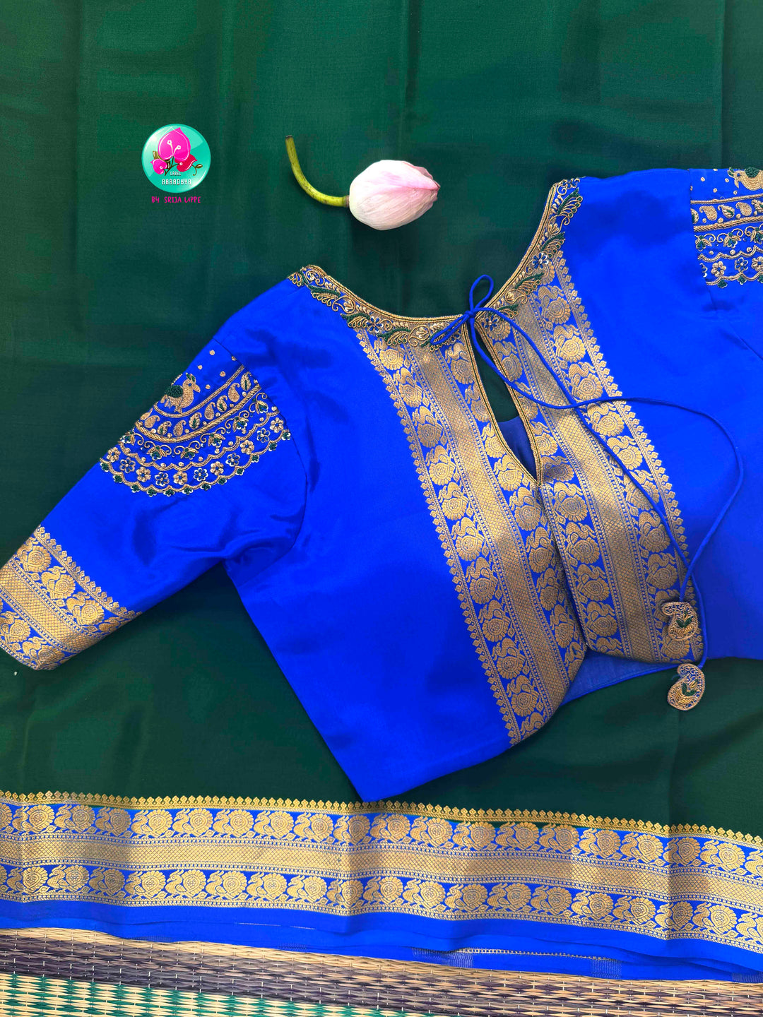 Regal Peacock Harmony: Deep Bottle Green & Royal Blue Pure Mysore Silk Fusion Saree