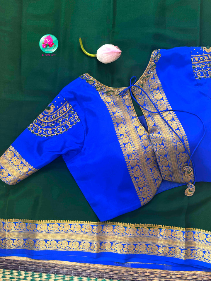 Regal Peacock Harmony: Deep Bottle Green & Royal Blue Pure Mysore Silk Fusion Saree