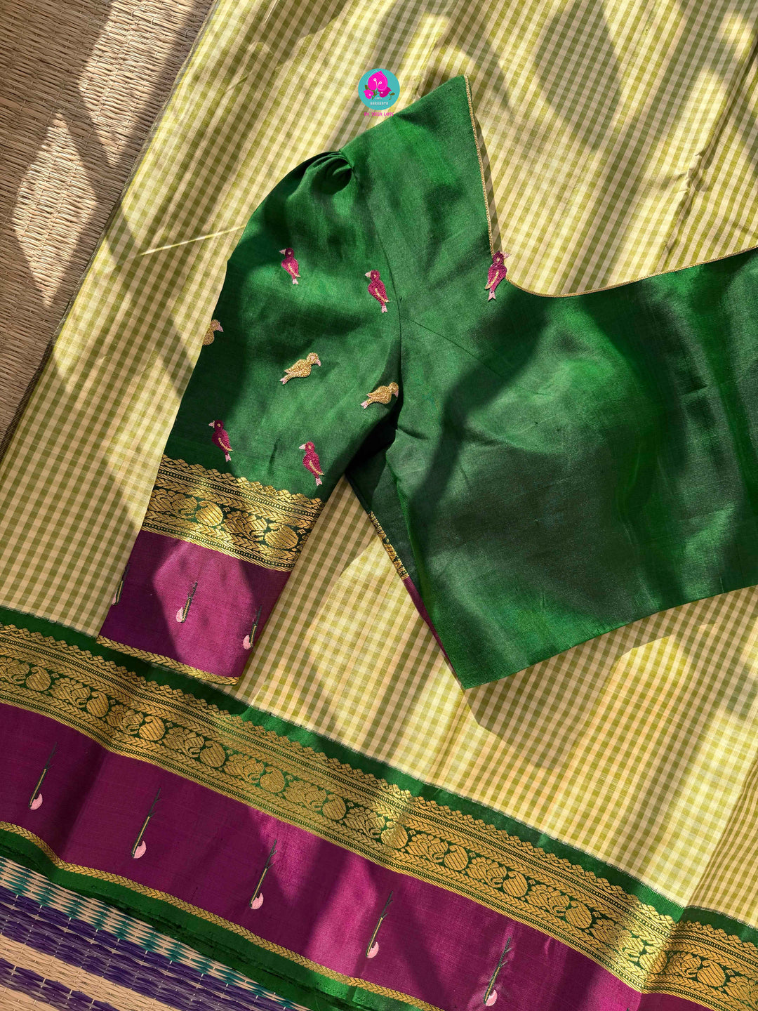 Forest Weaver's Dream: Checkered Kanjivaram with Paithani & Avian Art Blouse