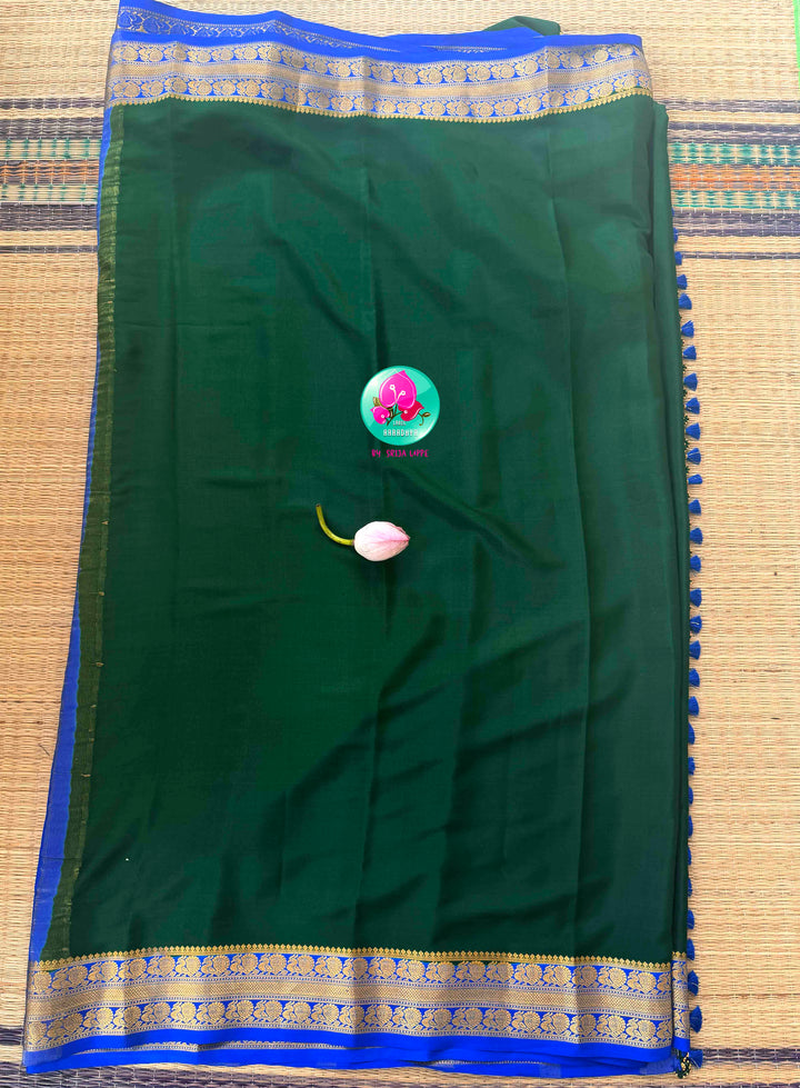 Regal Peacock Harmony: Deep Bottle Green & Royal Blue Pure Mysore Silk Fusion Saree
