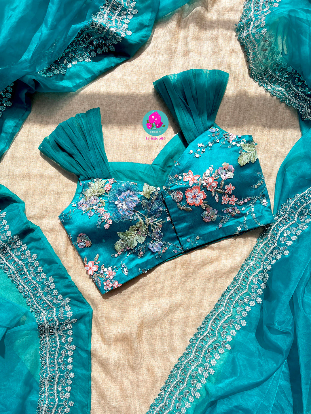 Peacock Green Shaded Hand-Embroidered Organza Saree with Sequined Cap Sleeve Blouse