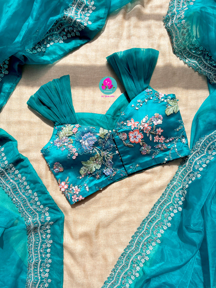 Peacock Green Shaded Hand-Embroidered Organza Saree with Sequined Cap Sleeve Blouse