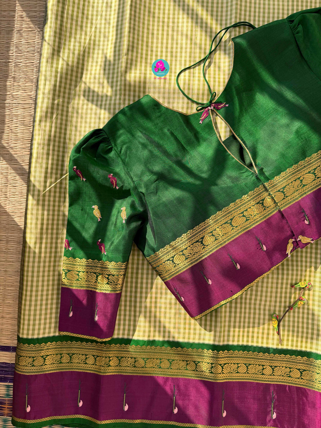 Forest Weaver's Dream: Checkered Kanjivaram with Paithani & Avian Art Blouse
