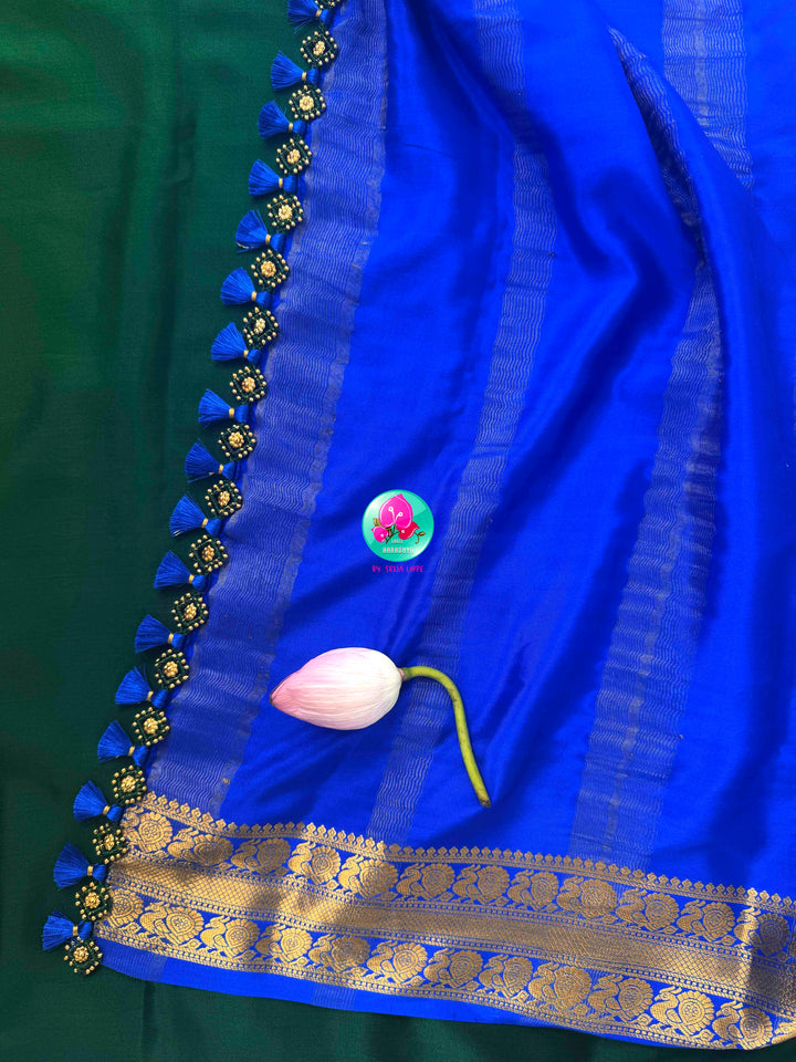 Regal Peacock Harmony: Deep Bottle Green & Royal Blue Pure Mysore Silk Fusion Saree