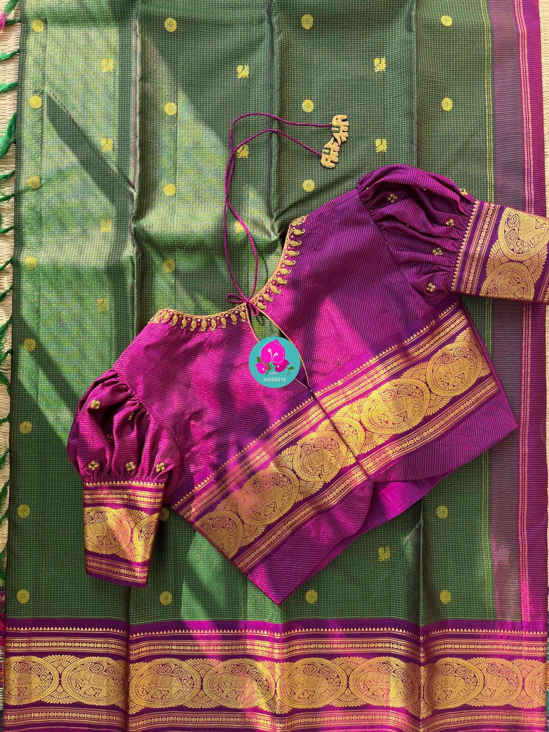 The Amethyst Contrast: Deep Green Saree with Classic 2g Zari Border