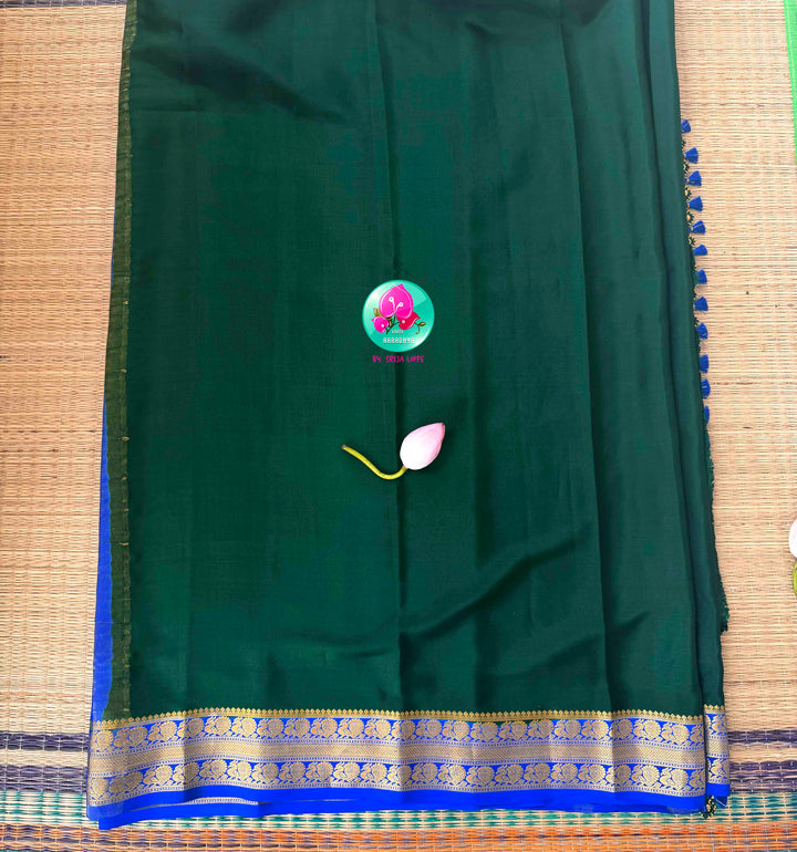 Regal Peacock Harmony: Deep Bottle Green & Royal Blue Pure Mysore Silk Fusion Saree