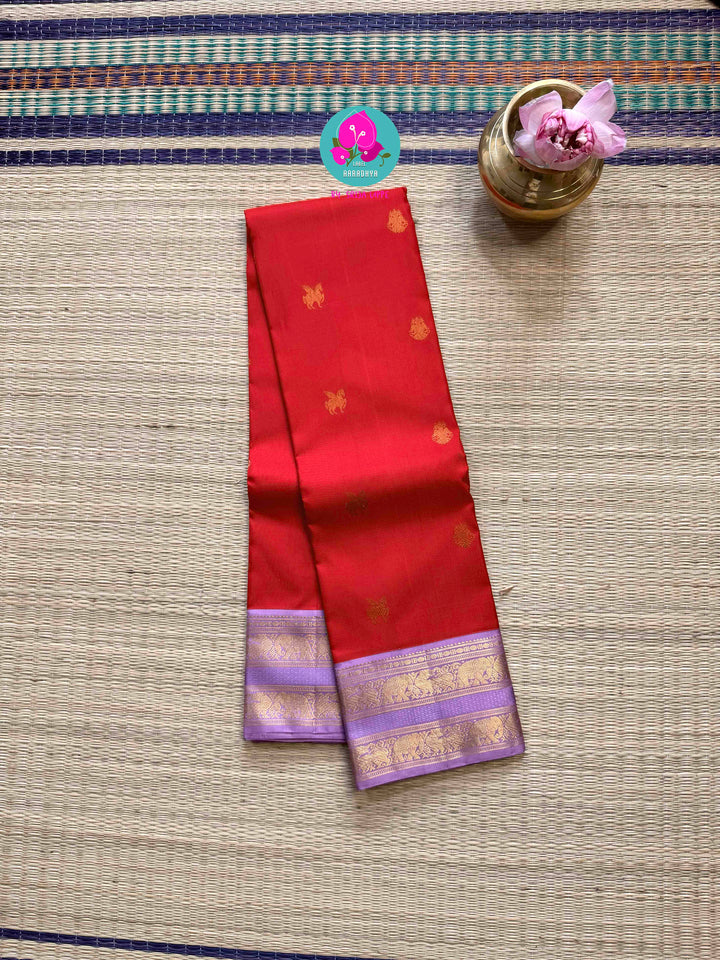 2G Zari Pure Kanchipuram saree with Red body & lavender border
