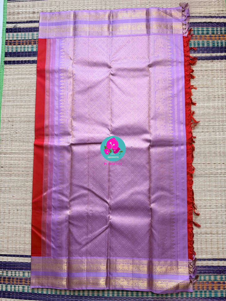 2G Zari Pure Kanchipuram saree with Red body & lavender border