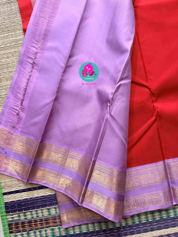 2G Zari Pure Kanchipuram saree with Red body & lavender border