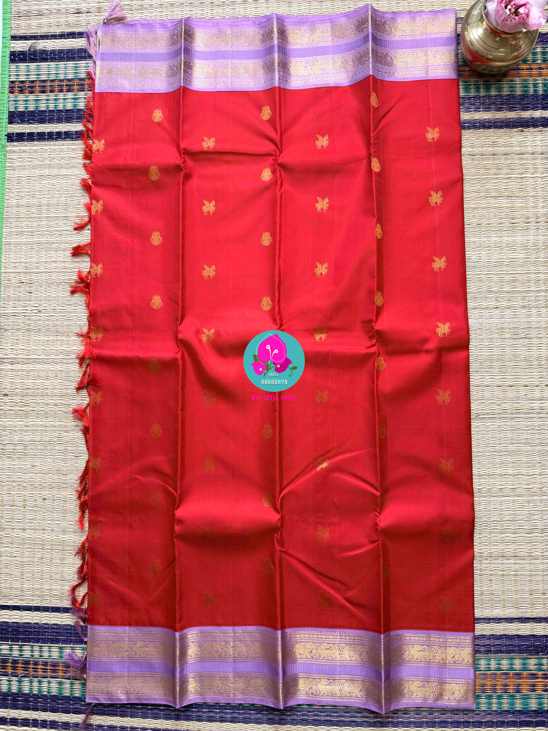 2G Zari Pure Kanchipuram saree with Red body & lavender border