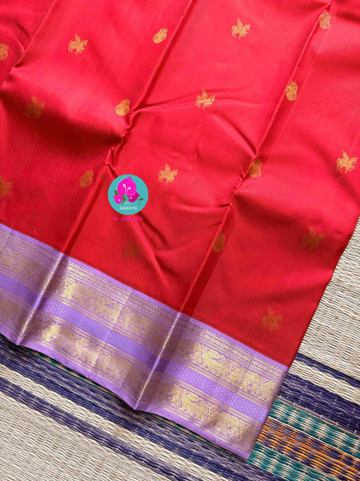 2G Zari Pure Kanchipuram saree with Red body & lavender border