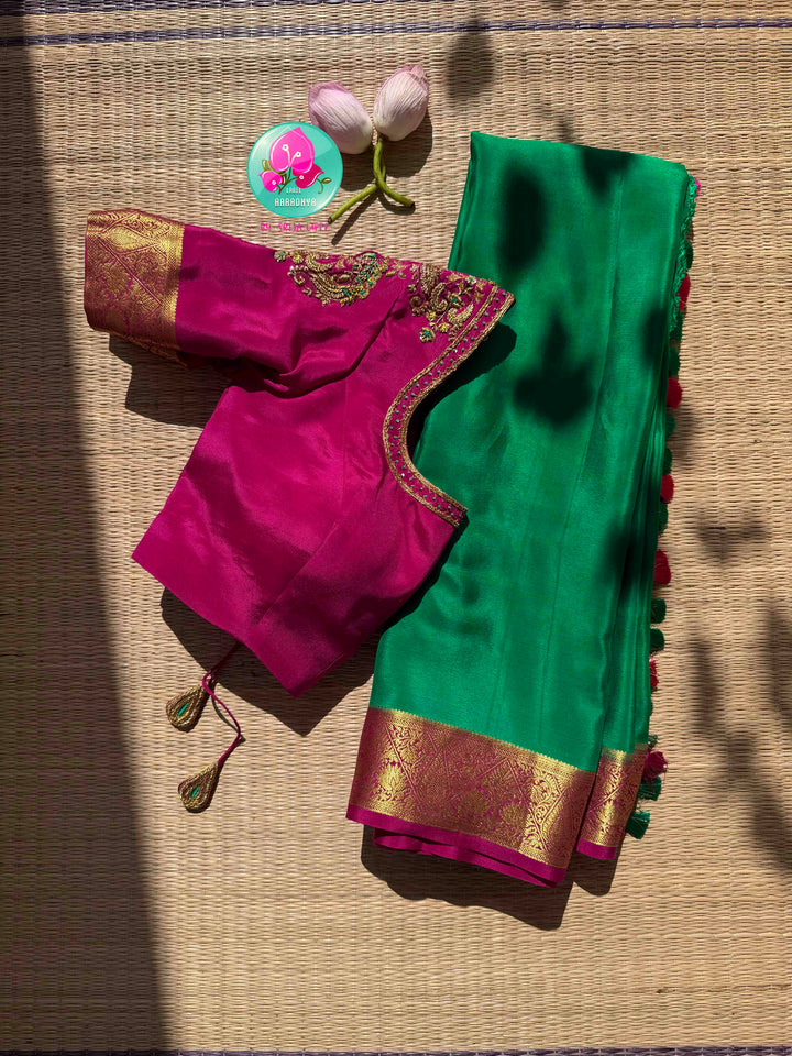 Verdant Jewel & Rani Pink: 120gsm Pure Mysore Silk Saree & Hand-Embroidered Blouse