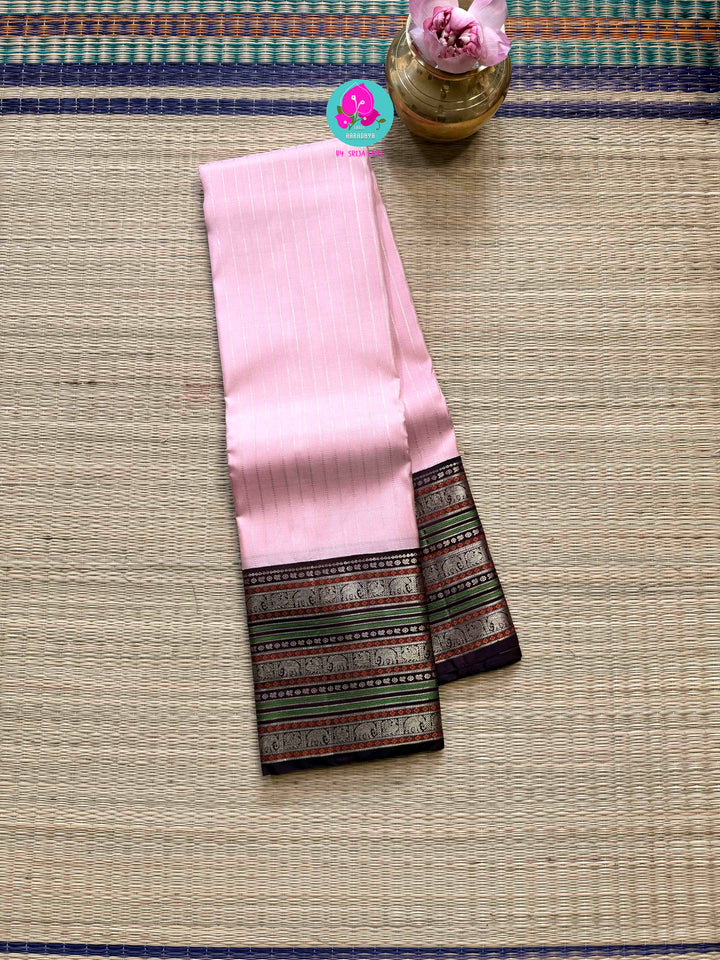 2G Zari Pure Kanchipuram saree with vintage long border in string of pearl stripes butta.