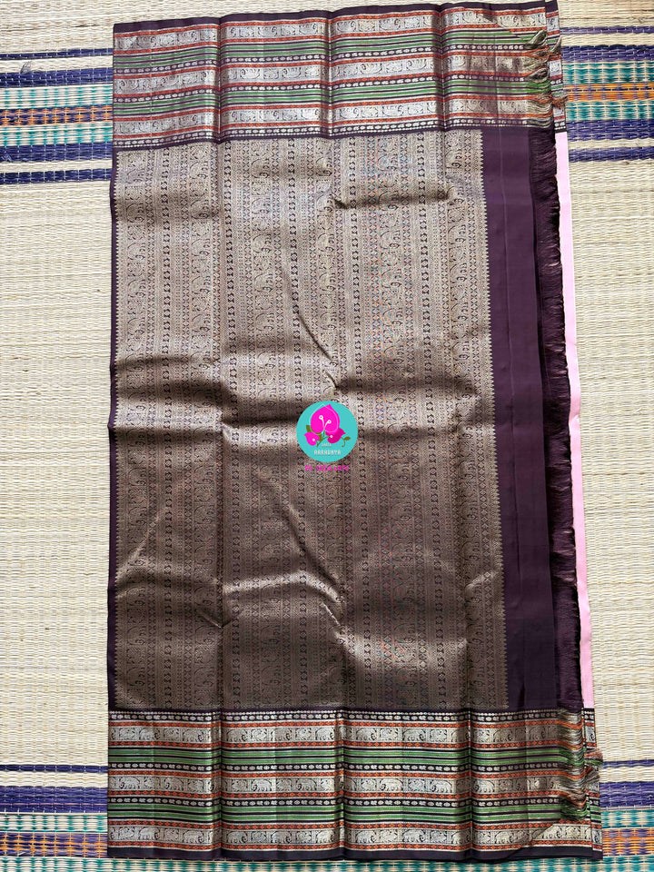 2G Zari Pure Kanchipuram saree with vintage long border in string of pearl stripes butta.