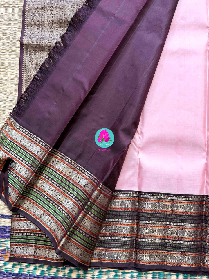 2G Zari Pure Kanchipuram saree with vintage long border in string of pearl stripes butta.