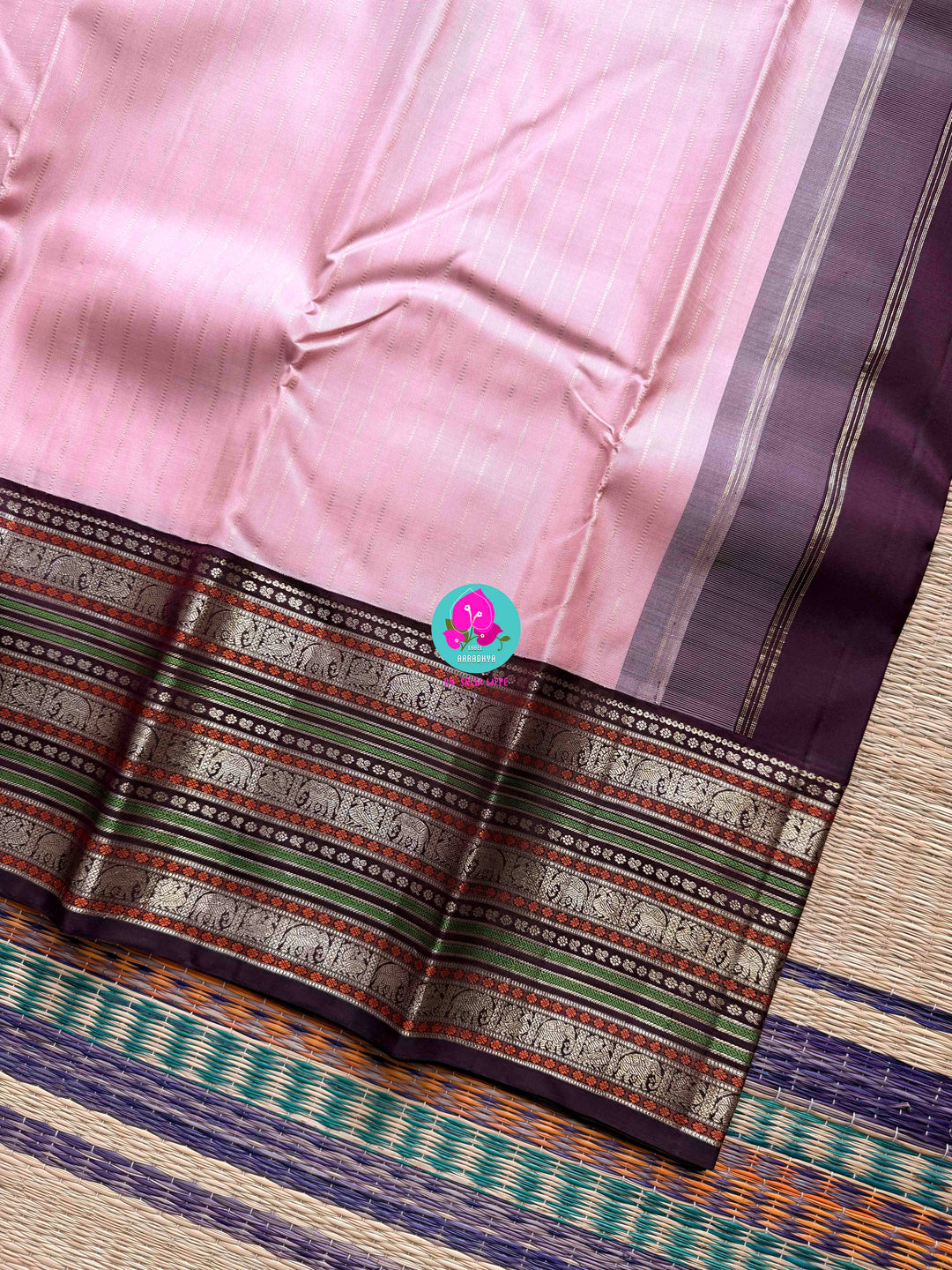 2G Zari Pure Kanchipuram saree with vintage long border in string of pearl stripes butta.