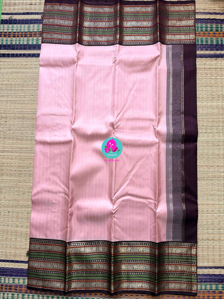 2G Zari Pure Kanchipuram saree with vintage long border in string of pearl stripes butta.