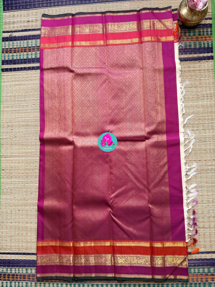 Serene Purity: Vintage Off-White Kanjivaram Saree with Rich Festive Contrast