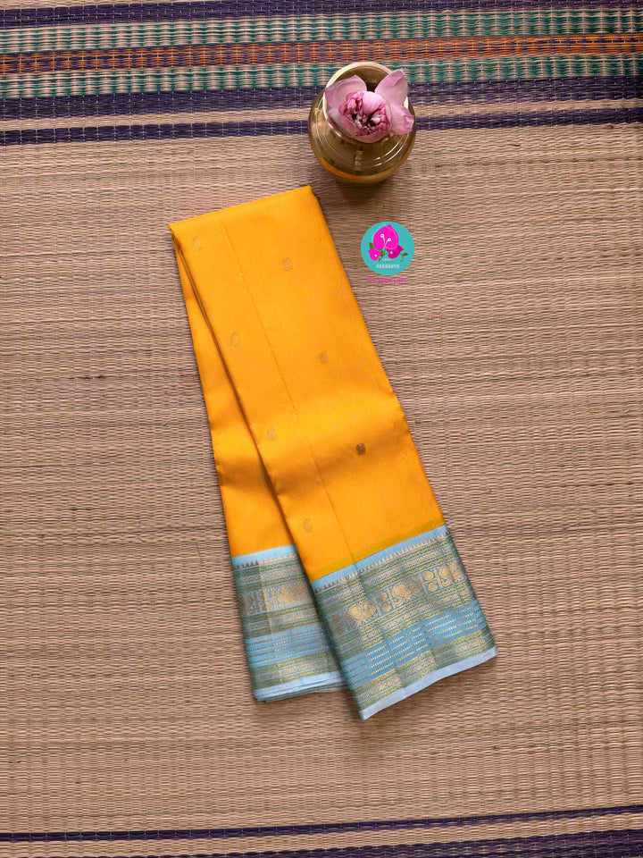 2G Zari Pure Kanchipuram saree with vintage mustard colour in light blue contrast